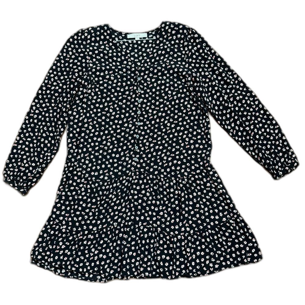 Loft Women's M Floral Long Sleeve Buttton Swing Ruffle Drop Waist VNeck Teacher